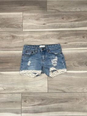 Vintage Aeropostale Light Blue Distressed Denim Shorts with Lace Trim